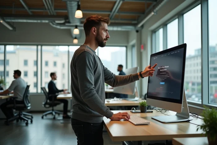 Entrepreneur masculin consultant des ressources en ligne pour développer son activité dans un espace de coworking