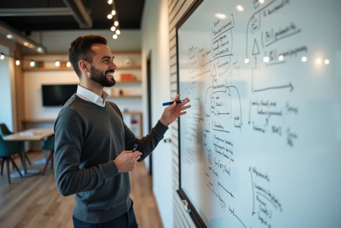 Entrepreneur digital présentant sa stratégie sur un tableau blanc dans un espace de co-working