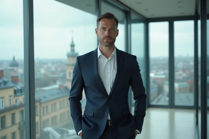 Portrait d'un grand entrepreneur tech en costume bleu marine dans un bureau moderne avec vue sur la ville
