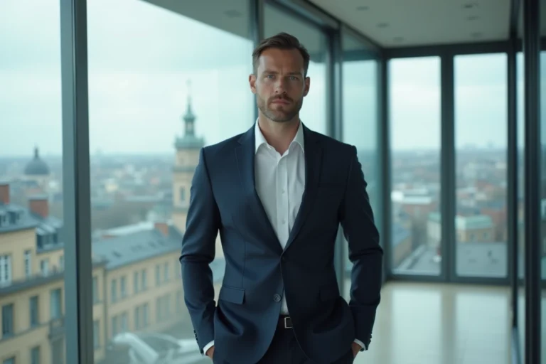 Portrait d'un grand entrepreneur tech en costume bleu marine dans un bureau moderne avec vue sur la ville