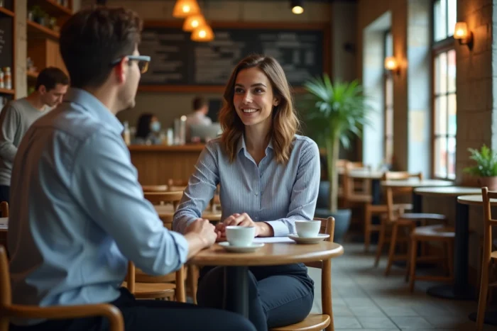 Jeune femme en entretien informel avec un recruteur dans un café de quartier pour un poste local
