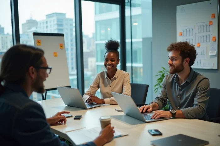 Équipe de professionnels collaborant sur une alternative bureautique en salle de réunion