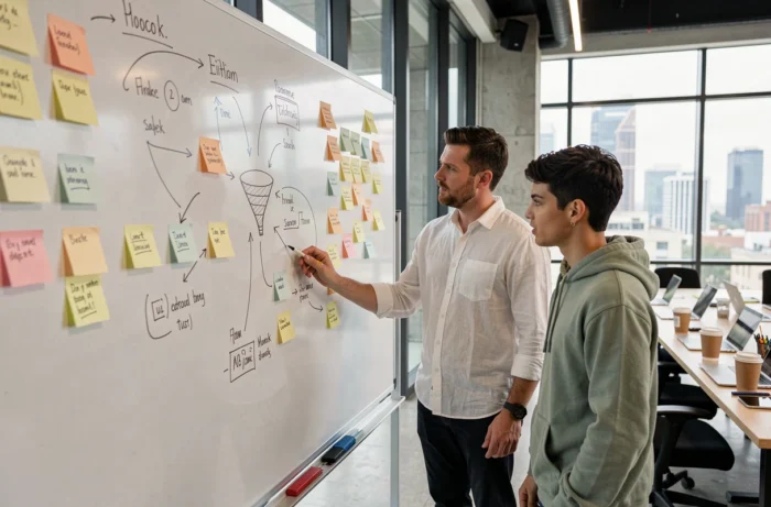 Équipe marketing collaborative devant un tableau blanc avec stratégie digitale et entonnoir de conversion dans un bureau startup