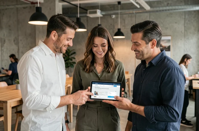 Équipe professionnelle consultant un annuaire d'entreprises en ligne sur tablette dans un espace de coworking moderne, sélection de prestataires de confiance