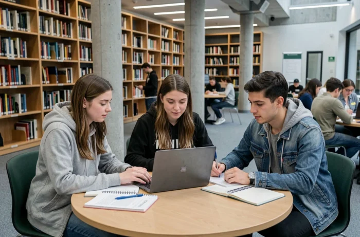Étudiants universitaires collaborant sur un projet numérique dans une bibliothèque de campus moderne