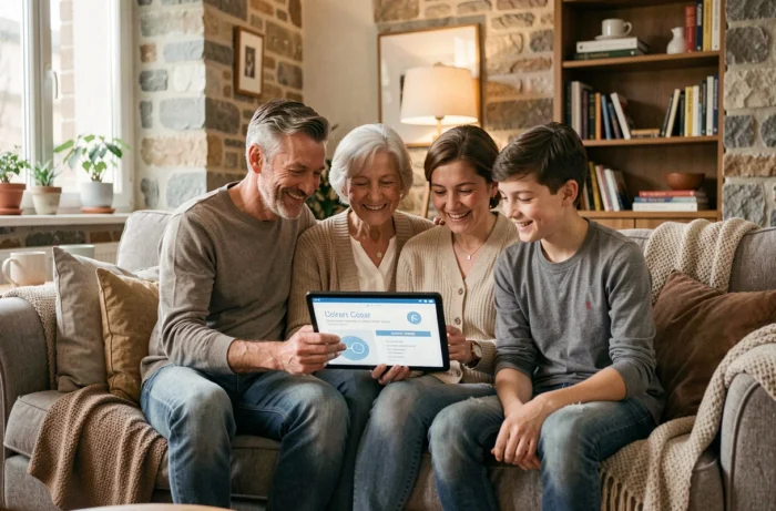 Une famille multigénérationnelle examinant ensemble leurs garanties de mutuelle santé sur une tablette