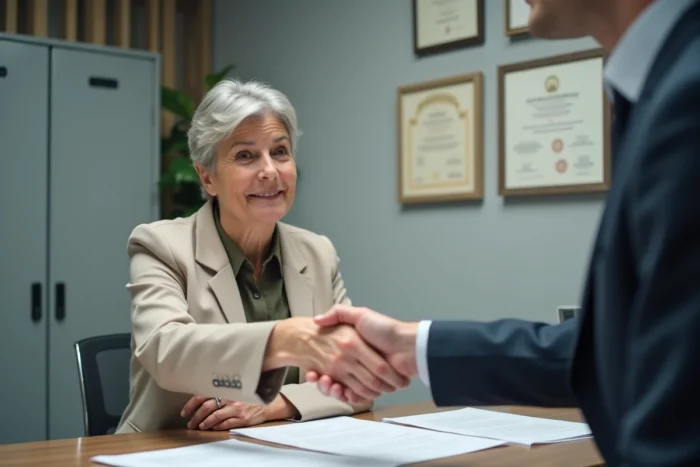 Femme de 60 ans rencontrant un conseiller retraite dans un bureau administratif