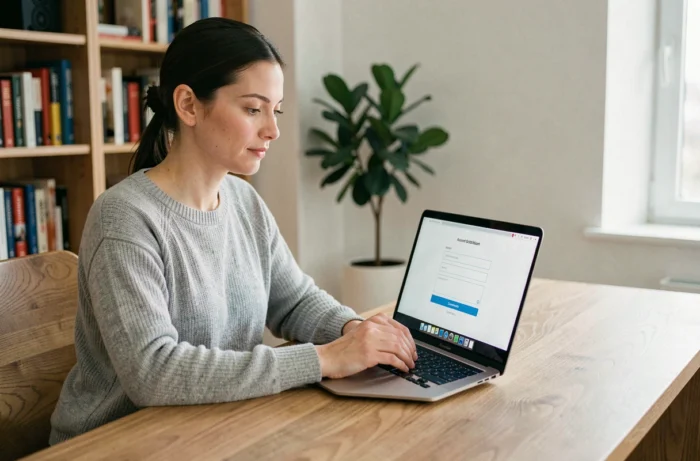 Femme téléchargeant et activant son espace protégé Mon Proxima sur un ordinateur portable à domicile