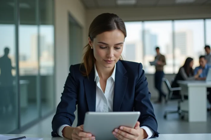 Femme professionnelle lisant les actualités du jour sur une tablette dans un bureau moderne