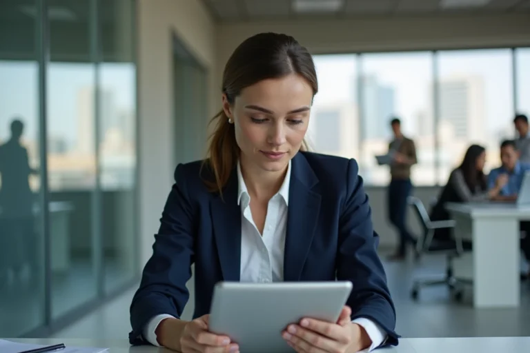 Femme professionnelle lisant les actualités du jour sur une tablette dans un bureau moderne