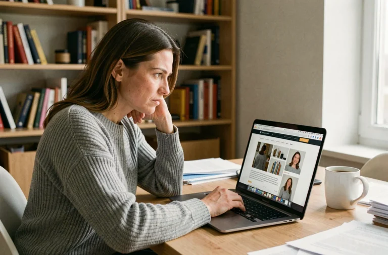Femme analysant des avis en ligne sur une plateforme e-commerce depuis son bureau à domicile