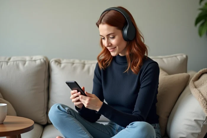 Femme appairant un casque Sony Bluetooth avec son smartphone assise sur un canapé beige