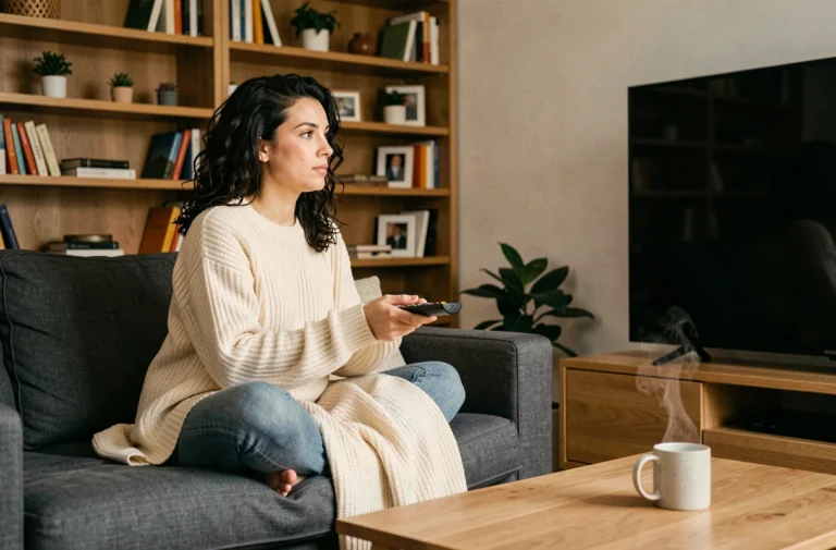 Femme installée confortablement sur son canapé gris regardant une série sur grand écran le soir