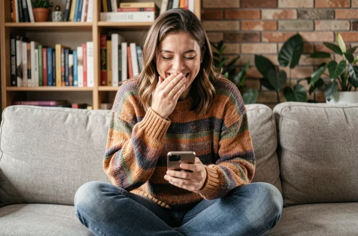 Jeune femme hilare sur un canapé regardant des actualités insolites sur son smartphone