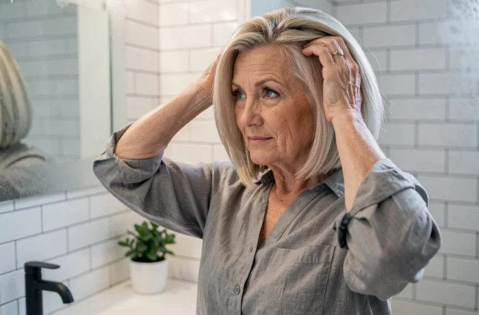 Femme d'une cinquantaine d'années avec un carré court moderne se regardant dans le miroir de sa salle de bain