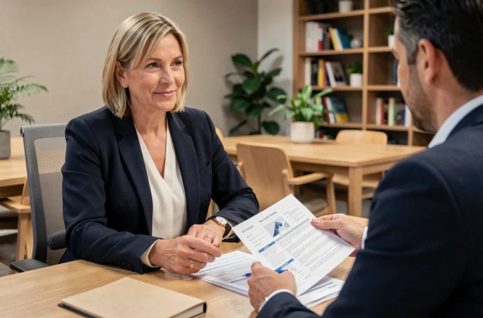 Une femme discutant de ses garanties de mutuelle santé avec un conseiller dans un bureau moderne