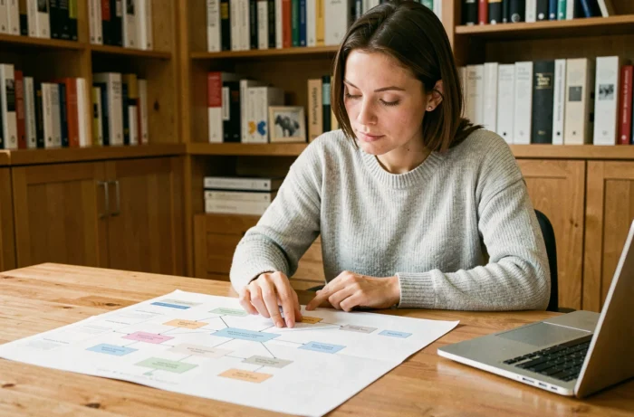 Femme consultant un plan de site web imprimé sur un bureau en bois dans un bureau à domicile organisé