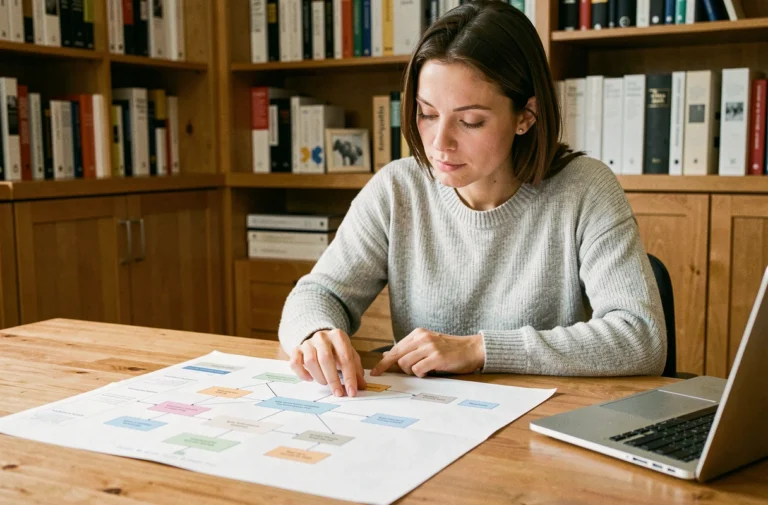 Femme consultant un plan de site web imprimé sur un bureau en bois dans un bureau à domicile organisé