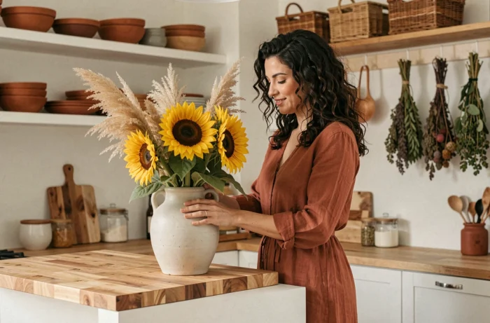 Femme arrangeant des fleurs jaunes dans une cuisine chaleureuse décorée selon le style sérotonine avec des accessoires naturels
