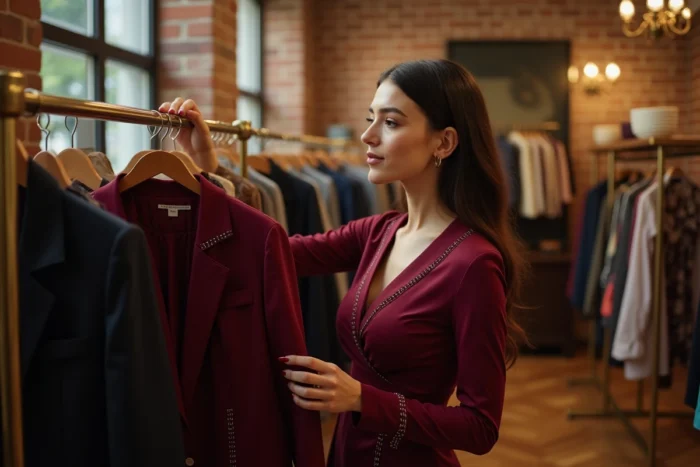 Jeune femme inspectant les détails de coupe et les accessoires d'un blazer dans une boutique de créateurs vintage