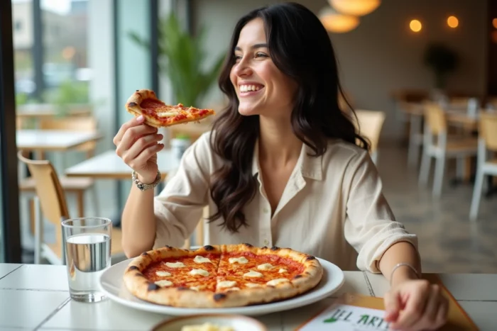 Jeune femme souriante dégustant une pizza carbonara Del Arte dans un restaurant italien moderne et lumineux