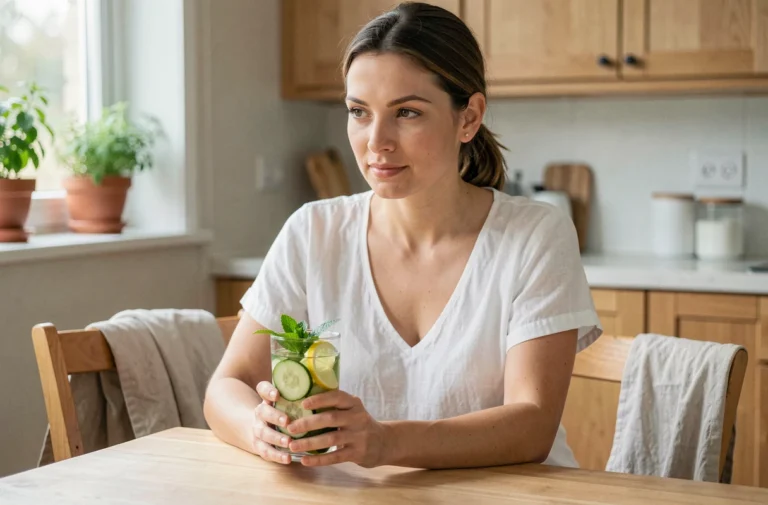 Femme tenant un verre d'eau détox infusée au concombre, citron et menthe dans une cuisine naturelle en bois