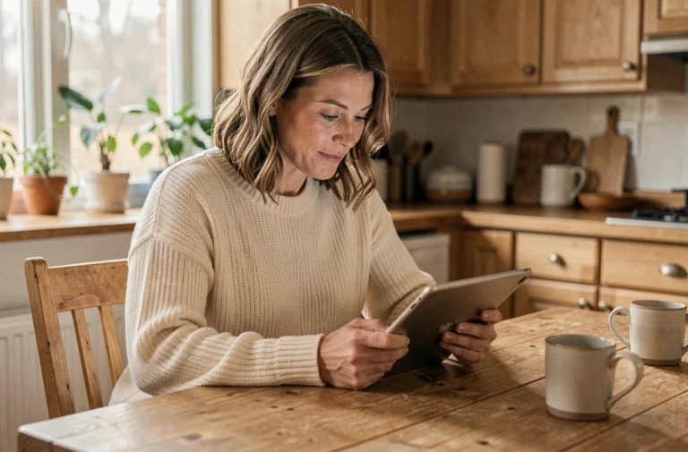 Femme parcourant un forum de FIV sur une tablette dans une cuisine chaleureuse, cherchant des conseils pour réussir sa fécondation in vitro