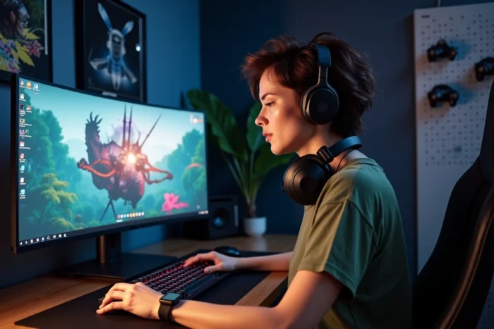 Femme joueuse passionnée devant son setup gaming moderne avec clavier mécanique et écran haute résolution