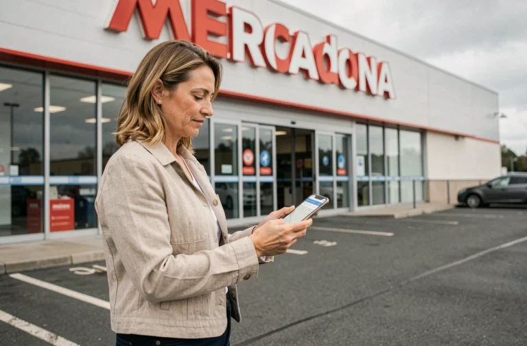 Femme devant un magasin Mercadona en France consultant une application de localisation sur son smartphone