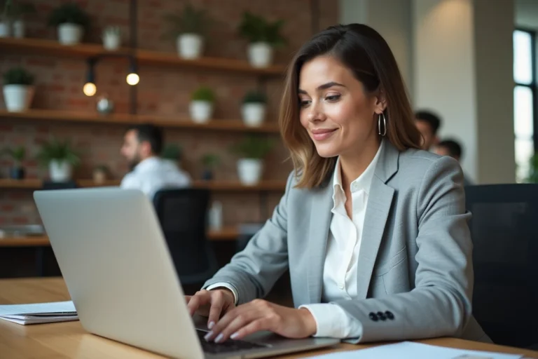 Femme utilisant une alternative à Microsoft 365 sur son ordinateur portable dans un bureau moderne