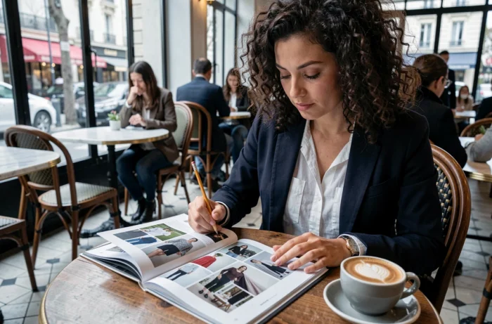 Femme élégante consultant un magazine Elle Imagine dans un café parisien avec un carnet de notes