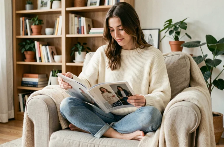 Jeune femme parcourant les pages d'un magazine Elle Imagine pour trouver l'inspiration dans un salon cosy