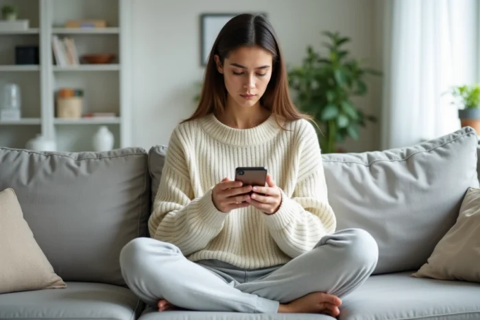 Femme pensive relisant une conversation ambiguë sur son téléphone chez elle, se demandant si le message exprime de l'amitié ou un intérêt amoureux