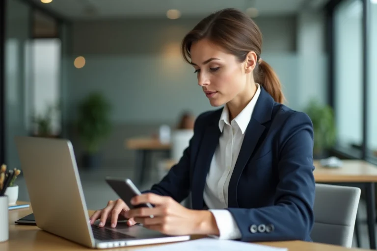 Femme professionnelle gérant son agenda numérique pour optimiser la prise de rendez-vous au bureau