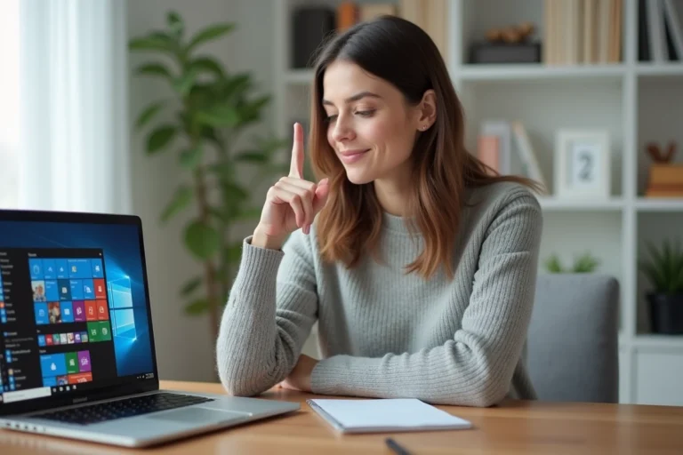 Femme créant des raccourcis Gmail, Google et YouTube sur le bureau d'un ordinateur portable Windows 11