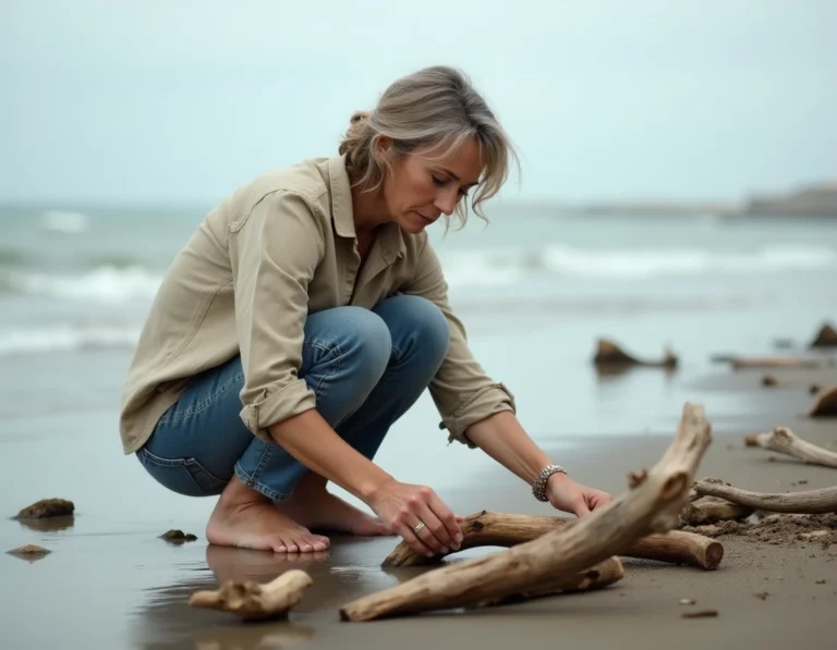 Femme collectant du bois flotté sur une plage à marée basse, examinant les morceaux de bois avec soin