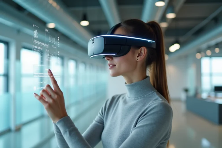 Femme portant un casque de réalité augmentée dans un laboratoire technologique moderne