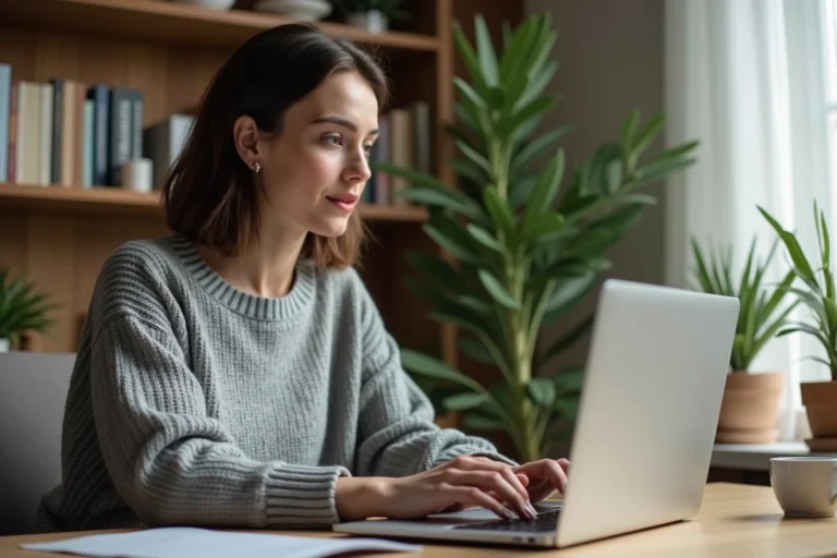 Femme cherchant une ancienne annonce leboncoin sur son ordinateur portable dans un bureau à domicile