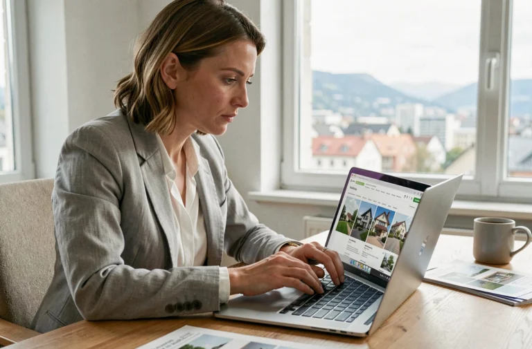 Femme consultant des annonces immobilières fiables sur un ordinateur portable dans un appartement suisse