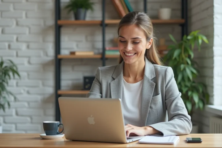 Femme en blazer gris consultant des offres d'emploi sur un ordinateur portable dans un bureau à domicile moderne