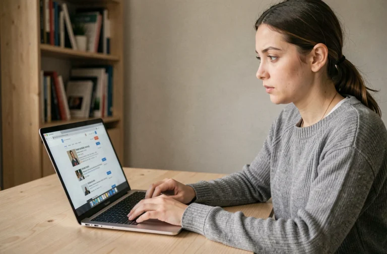 Jeune femme curieuse consultant des résultats de recherche Google sur son ordinateur portable à propos du phénomène tarenoi