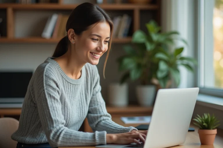 Femme consultant une plateforme de location immobilière en ligne sur son ordinateur portable dans un bureau à domicile