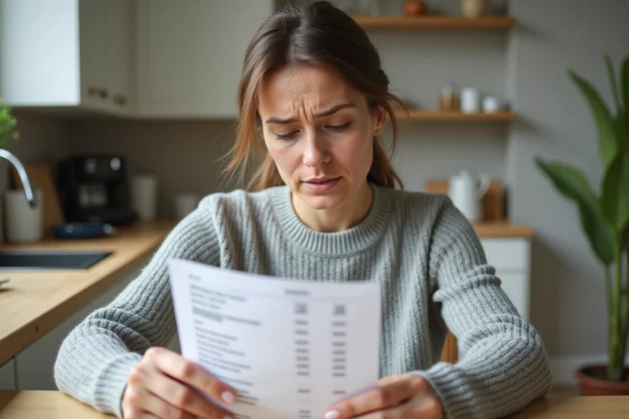 Femme consultant un relevé bancaire papier à la table de cuisine, inquiète face à un prélèvement inattendu