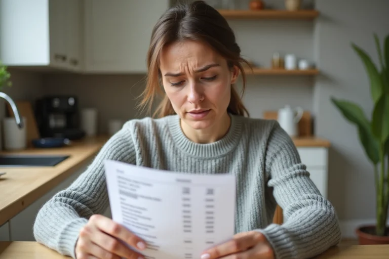 Femme consultant un relevé bancaire papier à la table de cuisine, inquiète face à un prélèvement inattendu