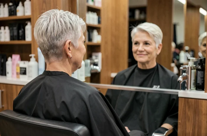Femme senior souriante après une coupe courte en salon de coiffure, reflétée dans un miroir professionnel