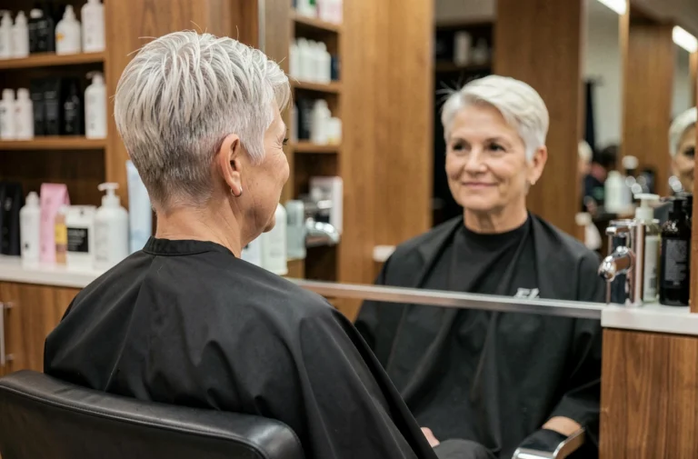 Femme senior souriante après une coupe courte en salon de coiffure, reflétée dans un miroir professionnel