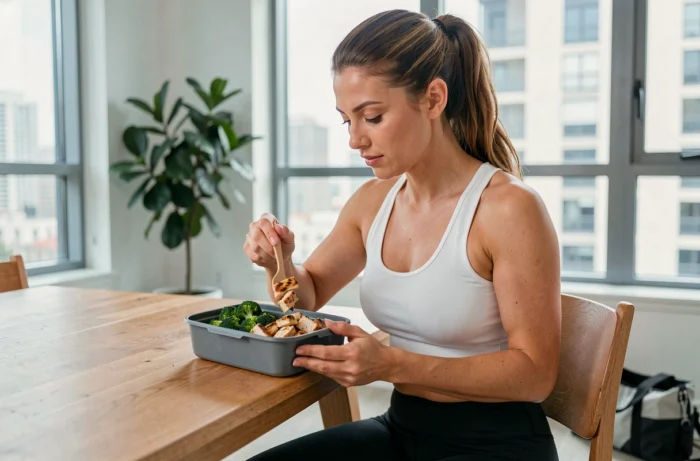 Femme sportive mangeant un repas de poulet et brocolis après l'entraînement dans un appartement moderne