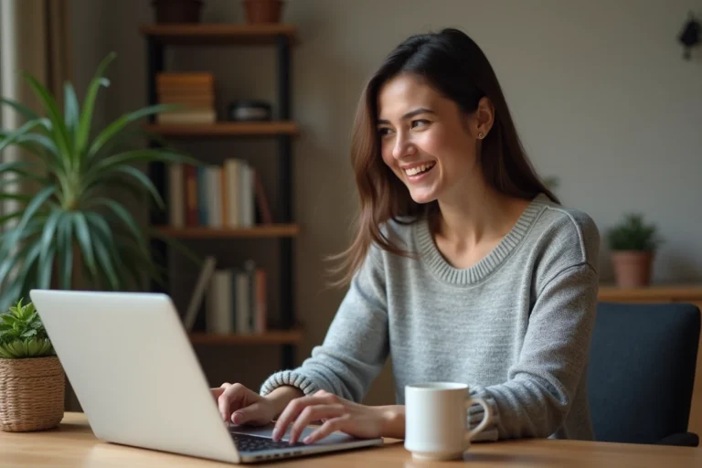 Jeune femme téléchargeant une vidéo YouTube en MP4 sur son ordinateur portable depuis son bureau à domicile