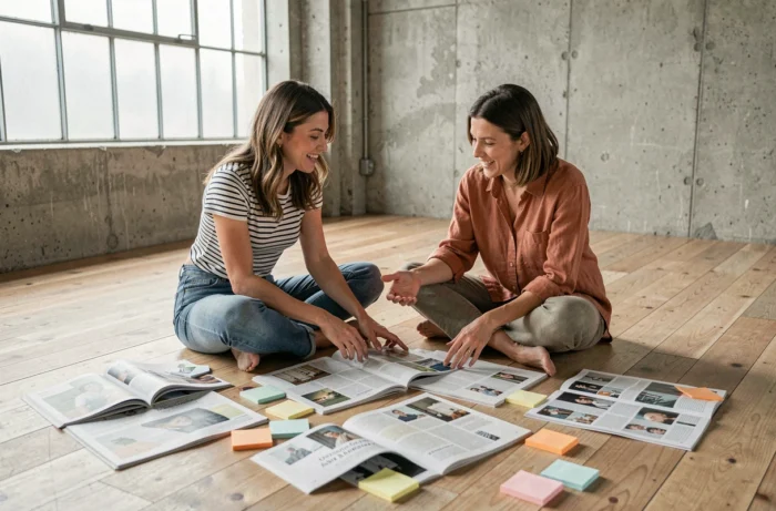 Deux femmes créant un mood board avec des pages de magazine Elle Imagine dans un appartement studio lumineux