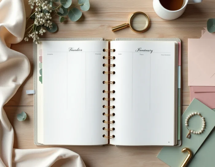 Flat lay de planification de mariage avec carnet ivoire, faire-part dorés, bouquet de lavande séchée et échantillons de tissus sur table en chêne blanchi